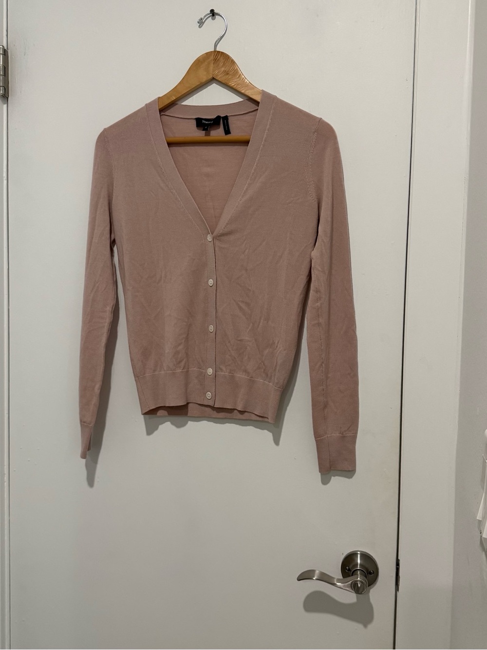 Theory Regal Wool V Neck Cardigan Petite P Blush Pink Merino Wool Button Front